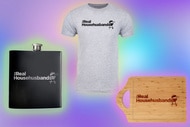 A tee shirt, flask, and cutting board on a neon background.