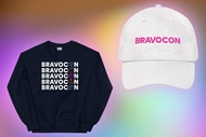A sweatshirt and baseball cap that say Bravocon on a pastel rainbow background.