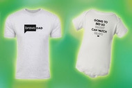 A t-shirt and an infant onesie with quotes on them overlaid onto a colorful background.