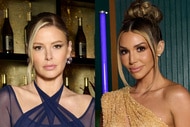 Split of Ariana Madix wearing a blue dress and Scheana Shay wearing a gold dress at the VPR reunion