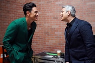 Tom Sandoval and Andy Cohen smiling at each other behind the scenes at the VPR reunion.