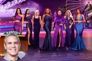 The cast of The Real Housewives of New Jersey and an inset of Andy Cohen.