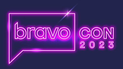 Neon pink Bravocon 2023 logo on a dark blue background
