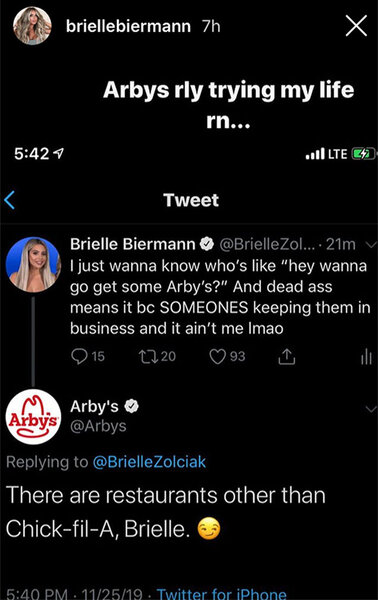 Brielle Biermann Arbys Dissed Twitter 1