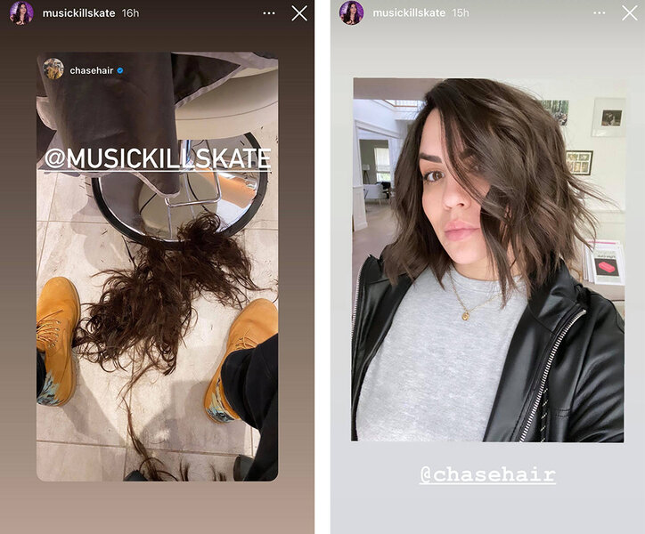 A split photo of the process of Katie getting her haircut and the final result.