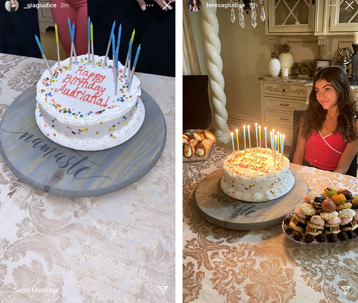 A split of Audriana Giudice's birthday cake and Audriana Giudice sitting next to her cake.