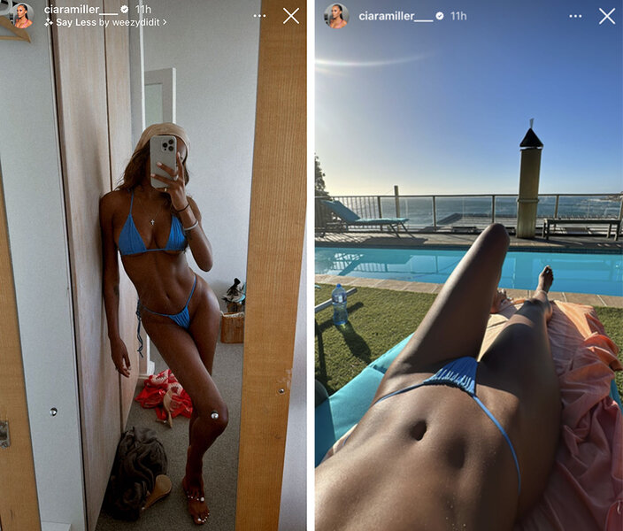 A split image of Ciara Miller in a blue bikini indoors and poolside.