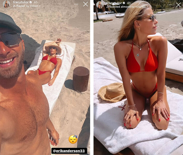 A split image of Tracy in a red bikini with Erik at the beach.
