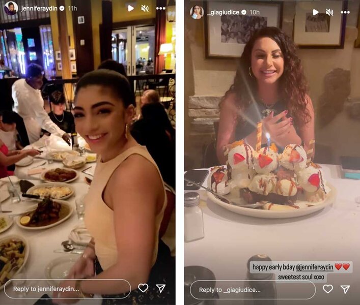 Split images of Jennifer Aydin's Family Joe Giudice's family having dinner