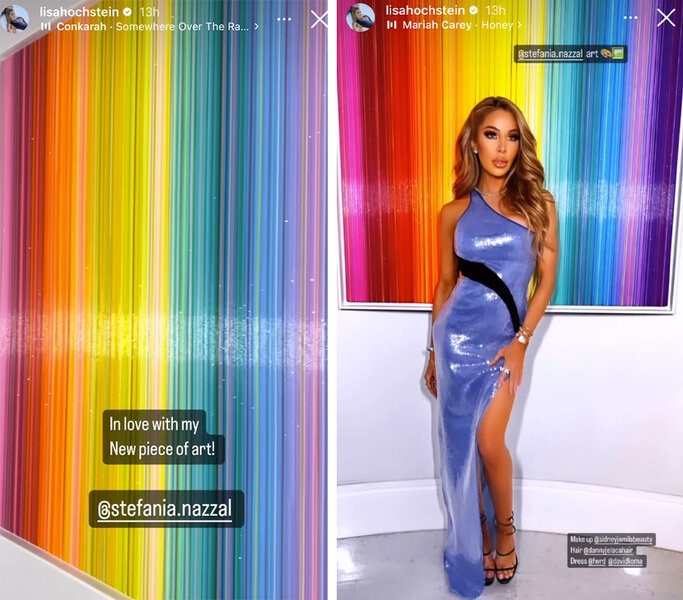 Lisa Hochstein in front of new artwork in her home wearing a one shoulder gown.