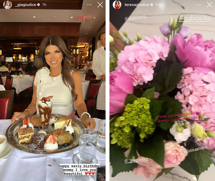 Teresa Giudice with a dessert display and flowers.