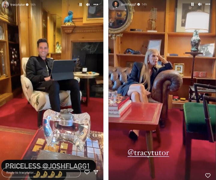 Two Instagram Stories images posted by Tracy Tutor and Josh Flagg of each other sitting in chairs