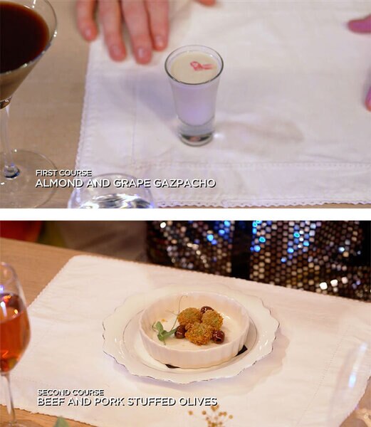 Almond and grape gazpacho and beef and pork stuffed olives plated for the charter guests.