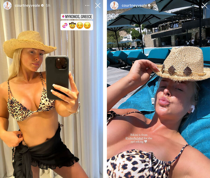 Courtney Veale takes photos of herself in a leopard-print bikini wearing a straw hat.