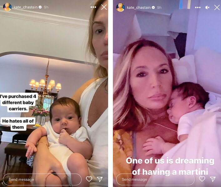 Split images of Kate Chastain and her newborn son.