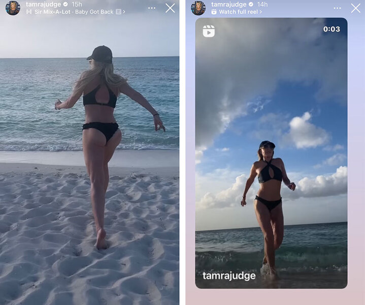 Tamra Judge running on a beach in a black bikini.