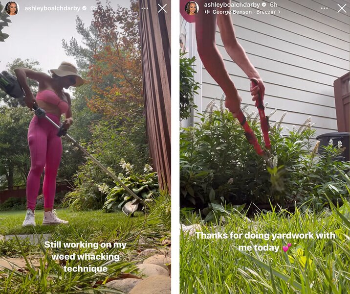 Ashley wearing pink athletic wear while weed whacking and tending to her backyard.