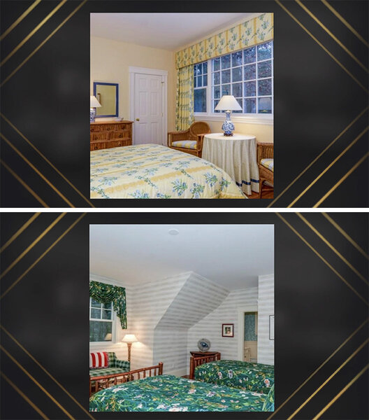 A split image of bedrooms in Erin's Hamptons home before renovation.