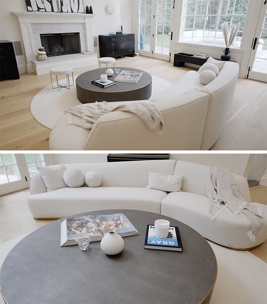 A split image of Erin's modern living room with a white couch, round coffee table, decor, and a fireplace.