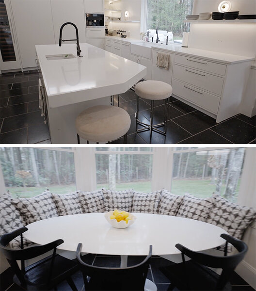A split image of Erin's white kitchen and breakfast nook with black details.