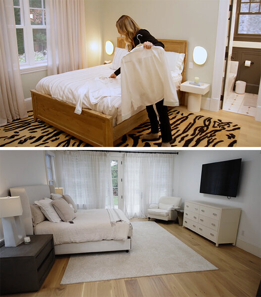 A split image of Erin placing a pajama set in a bedroom and an empty bedroom.