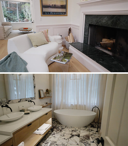A split image of a sitting area by a fireplace and a bathroom with a floating tub.