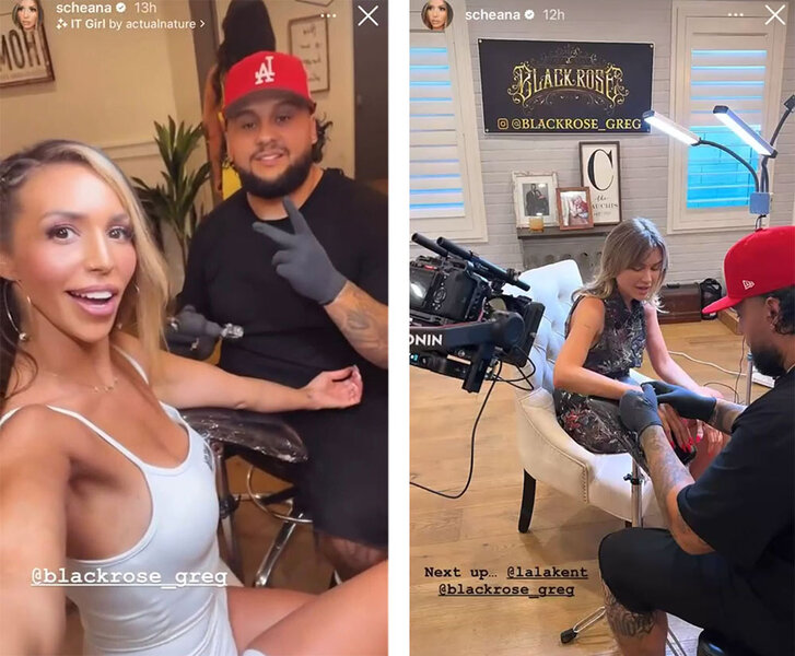 A split image of Scheana and Lala having their new tattoos done.