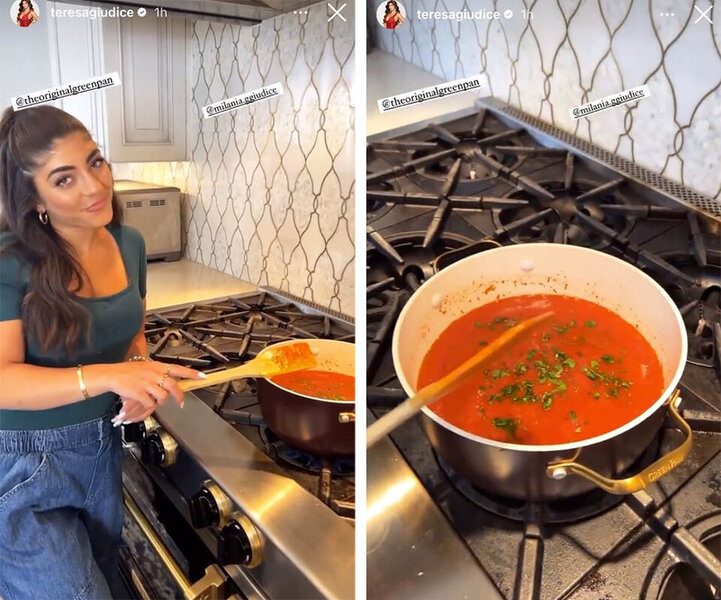 A split image of Milania cooking.
