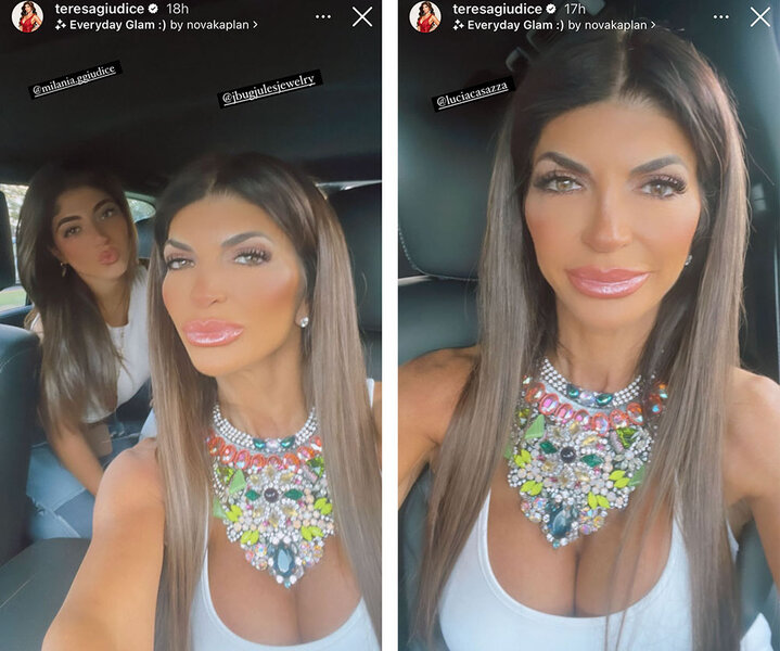 A split image of Teresa and Milania in a car posing for a photo together and Teresa showing her multicolored necklace.