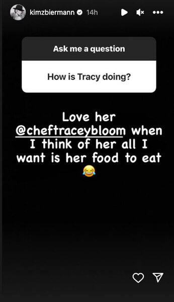 Text saying: Love her, Chef Tracey Bloom. When I think of her all I want is her food to eat.