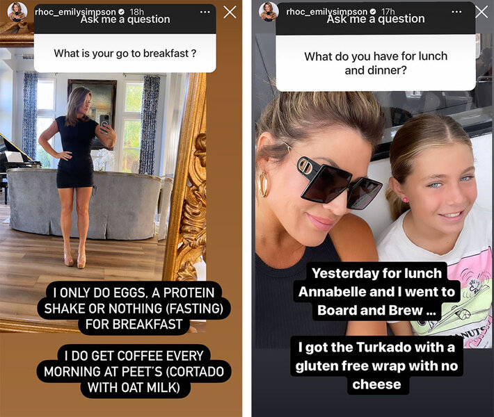A split image of Emily describing what she eats in a day.