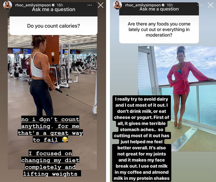 A split image of Emily in the gym and on vacation.
