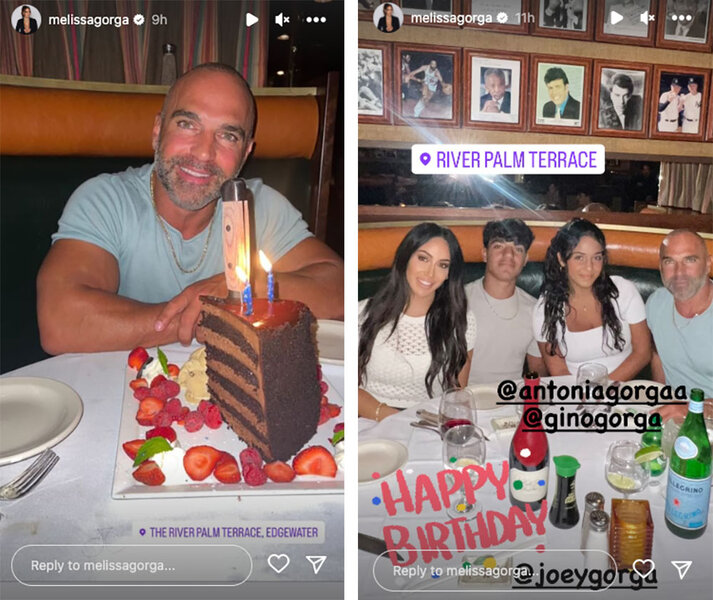 A split image of Joe and the Gorga family at a restaurant with cake.