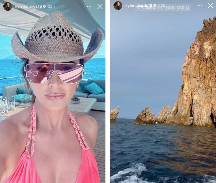 A selfie of Kyle Richards next to a boat scene