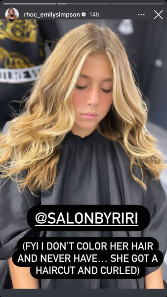 Screenshot of Emily Simpson’s Instagram Story of her daughter Annabelle seated in a salon chair