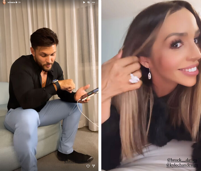 A split image of Scheana and Brock wearing their anniversary gifts, a watch and earrings.