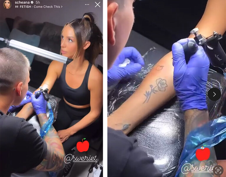 A split image of Scheana getting a new tattoo done.