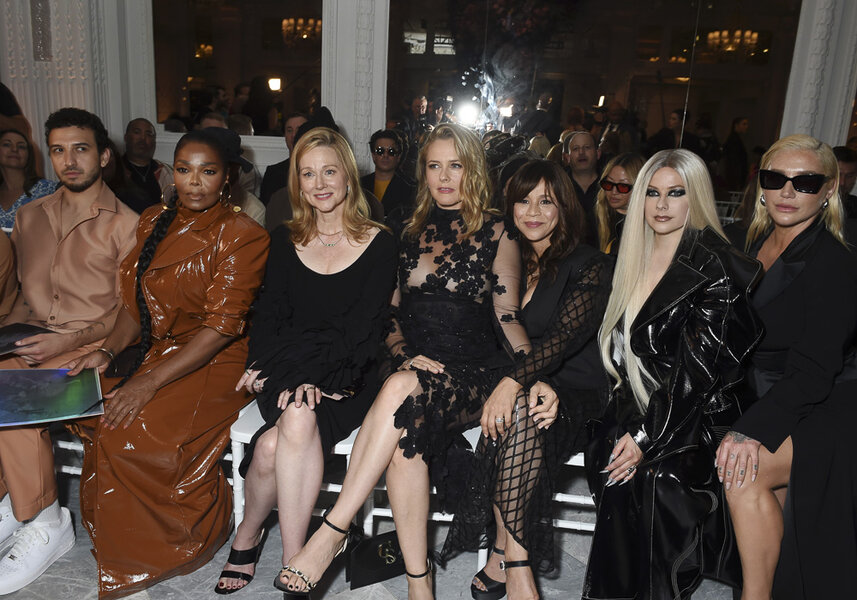 Janet Jackson, Laura Linney, Alicia Silverstone, Rosie Perez, Avril Lavigne and Kesha seated and posing next to each other at the Christian Siriano Spring 2024 New York Fashion Week Show.