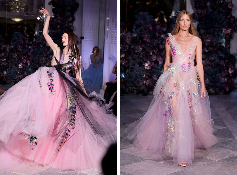 A split of Coco Rocha and Martha Hunt on the runway in Christian Siriano's Spring 2024 designs.