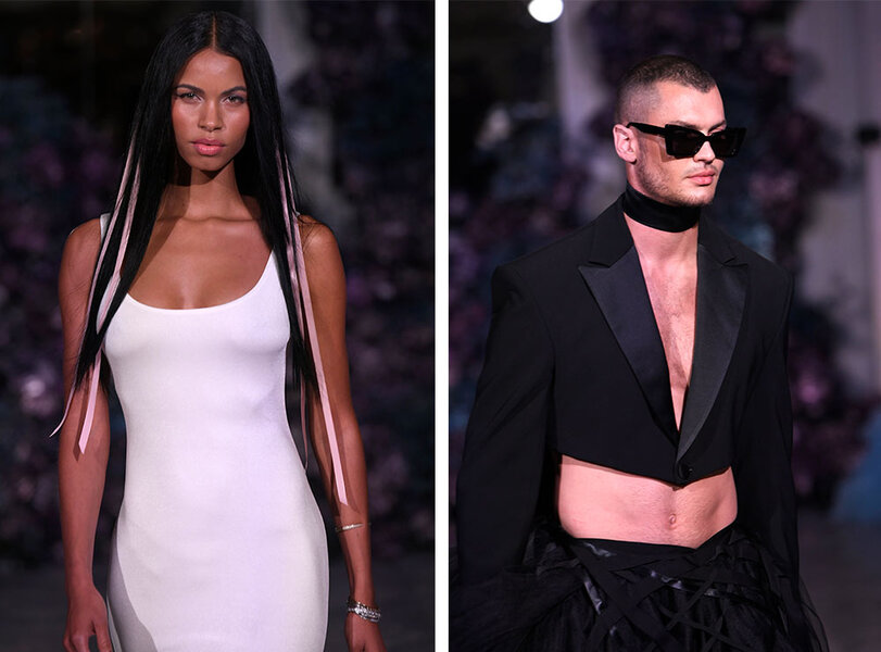 A split of 2 models walking the runway in Christian Siriano's Spring 2024 designs.