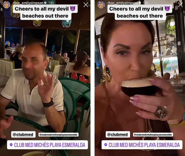 A split of Emily Simpson and Shane Simpson at dinner together at Club Med Miches Playa Esmeralda. Overlaid text, "Cheers to all my devil (devil emoji) beaches out there."