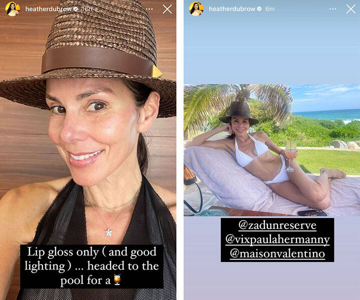 A split of Heather Dubrow smiling wearing a sun hat and lying poolside in a white bikini with the ocean behind her. Overlaid text, "Lip gloss only (and good lighting)... headed to the pool for a (cocktail emoji)."