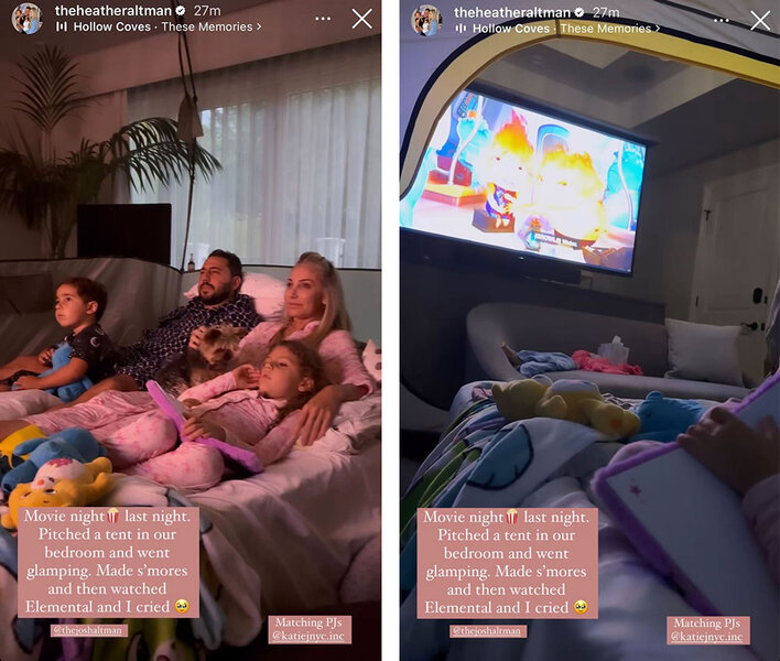 A split of Josh Altman and Heather Altman laying in a tent with their 2 kids and watching a movie in their bedroom.