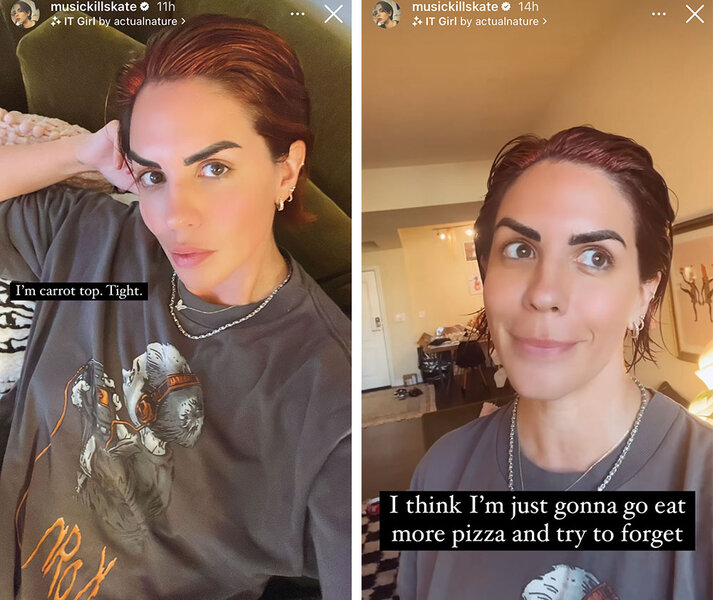 A split of Katie Maloney showing her red hair while in her living room wearing a grey t-shirt. Overlaid text, "I'm carrot top. Tight." and "I think I'm just gonna go eat more pizza and try to forget".