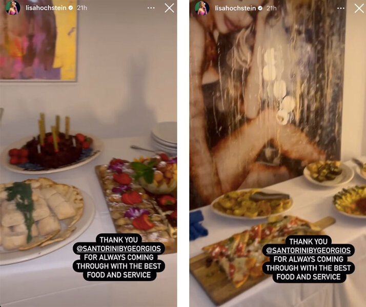 A split of Lisa Hochstein showing the decor and food for Jody Glidden's birthday party. Overlaid text, "Thank you @santorinibygeorgios for always coming through with the best food and service."