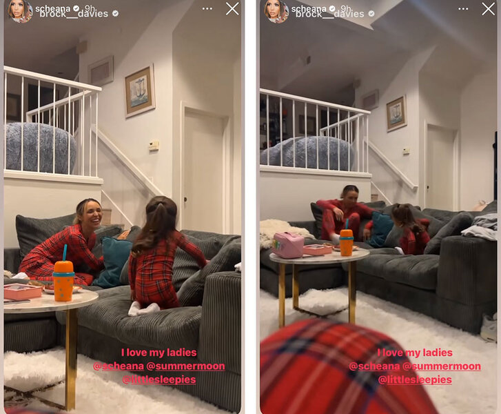 A split of Scheana Shay and Summer Moon sitting on the couch together with a view of their living room. Overlaid text, "I love my ladies @scheana @summermoon @littlesleepies".
