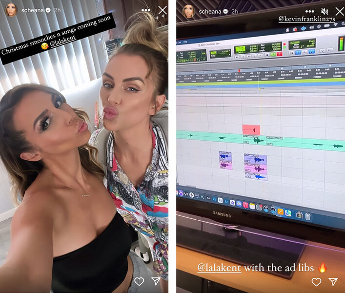 Split image of Scheana Shay and Lala Kent together and a computer screen showing an audio editing program.