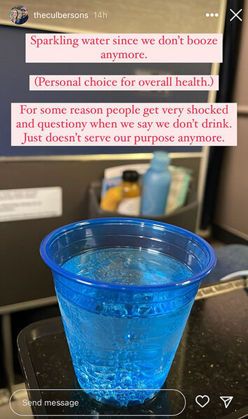 Briana Culberson shows a cup of sparkling water on an airplane and explains why she no longer drinks alcohol.