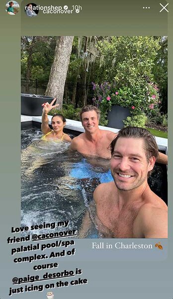 Craig Conover, Shep Rose, and Paige DeSorbo posing together in Craig's pool.