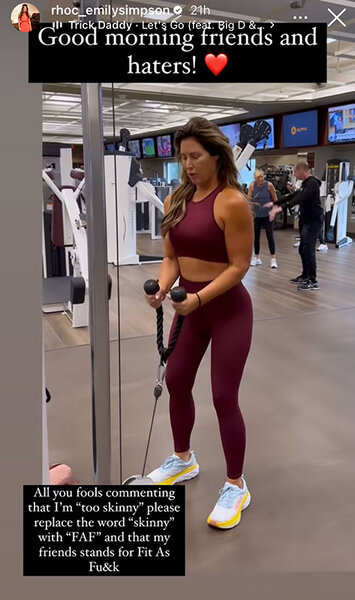 Emily Simpson in a maroon workout set at the gym. Overlaid text: "Good morning friends and haters! [red heart emoji" "ALL you fools commenting that I'm 'too skinny' please replace the word 'skinny' with 'FAF' and that my friends stands for Fit As Fu&k".
